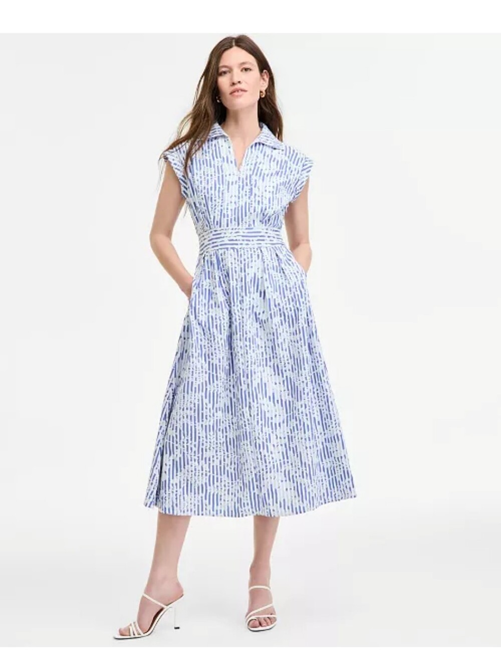 Kensie NWT Blue White Striped Floral Midi Dress Size 14 Zip Neck Cap Sleeve $99